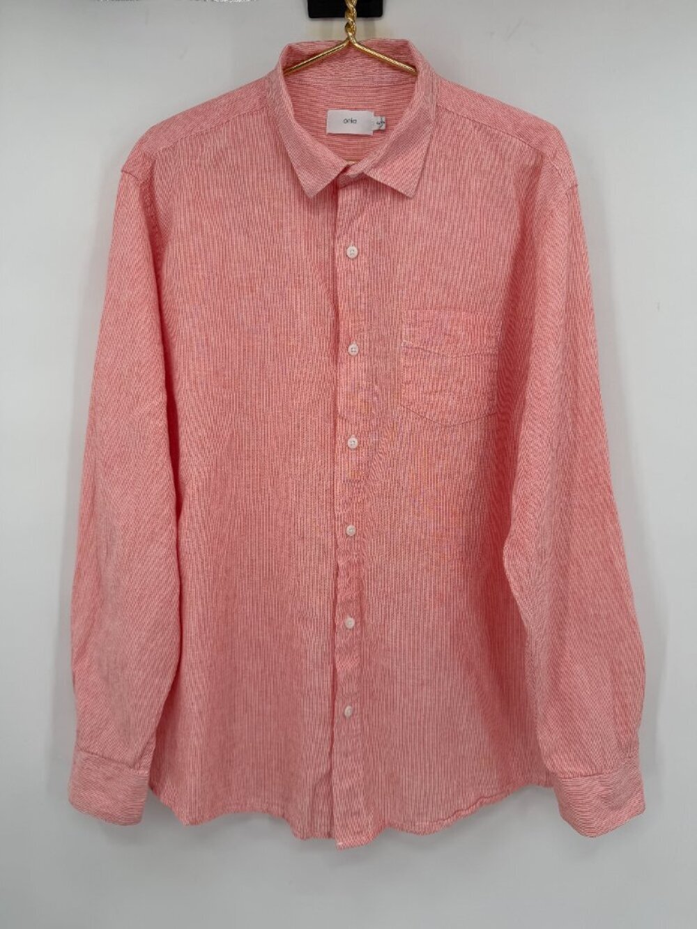 Onia Men's XL Pink Linen Cotton Button Front Shirt Long Sleeve Stripe Casual